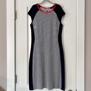 Karen Kane Navy, White & Red Trim Striped Midi Dress